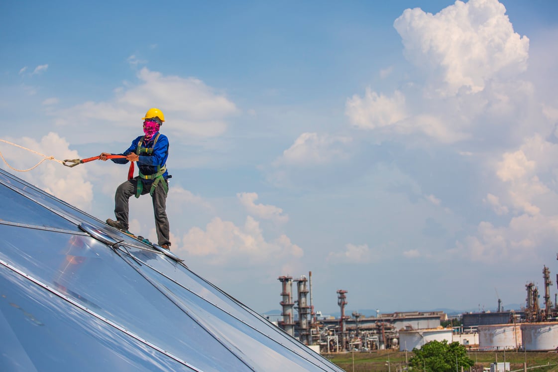 Male Workers Rope Access Height Safety Connecting with a Knot Sa